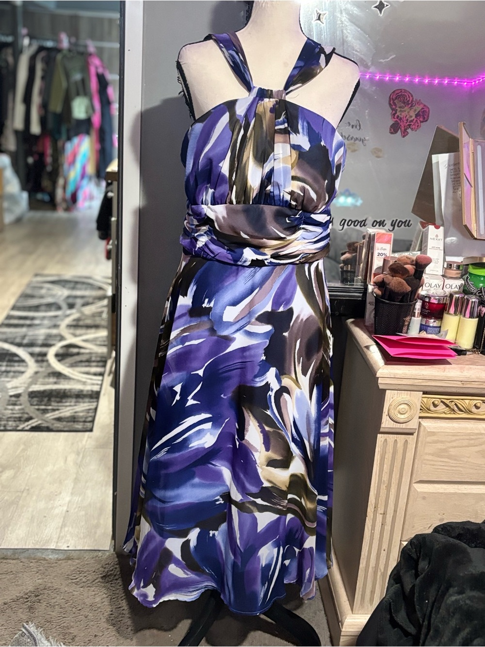 Sleeveless Purple Abstract Print Halter Dress